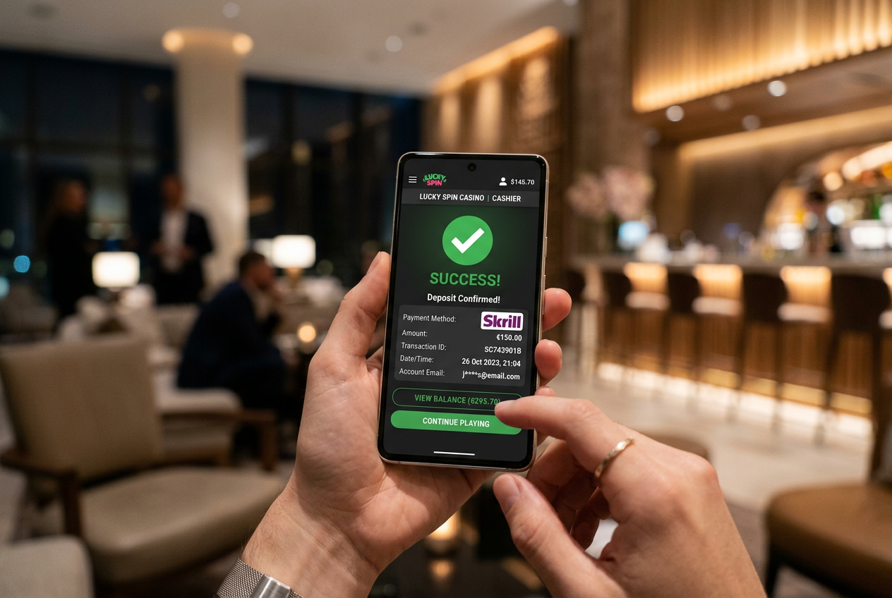Detailní pohled na pokladnu online casina s vybranou metodou Skrill a potvrzením vkladu